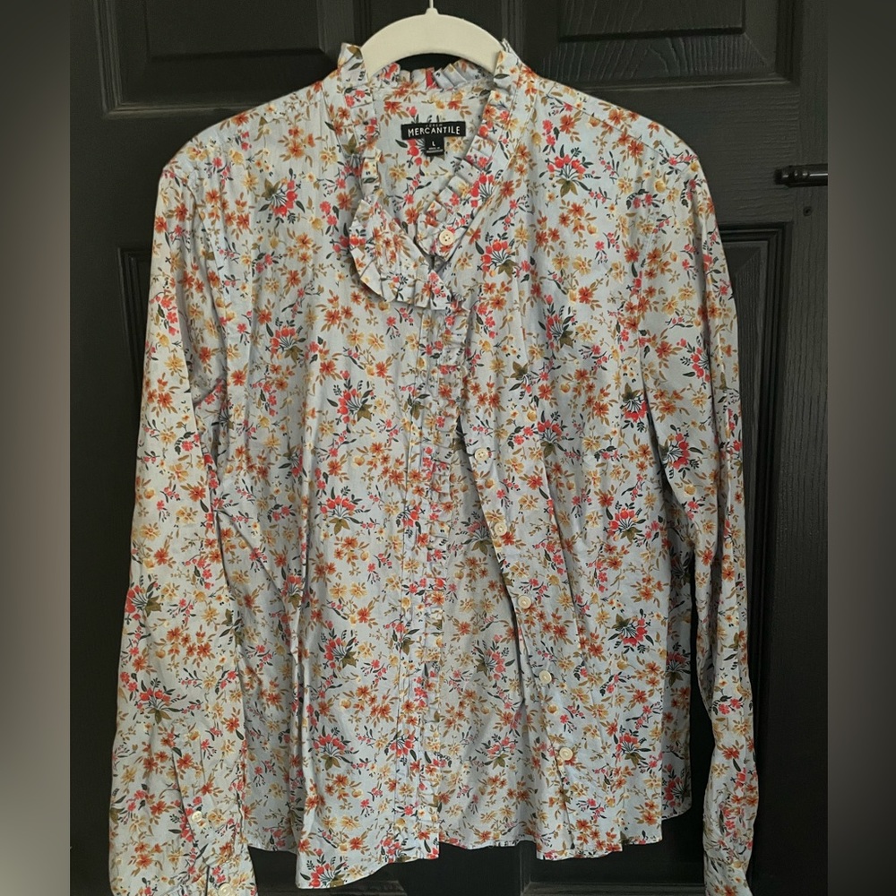 JCrew Mercentile floral, ruffle neck button down